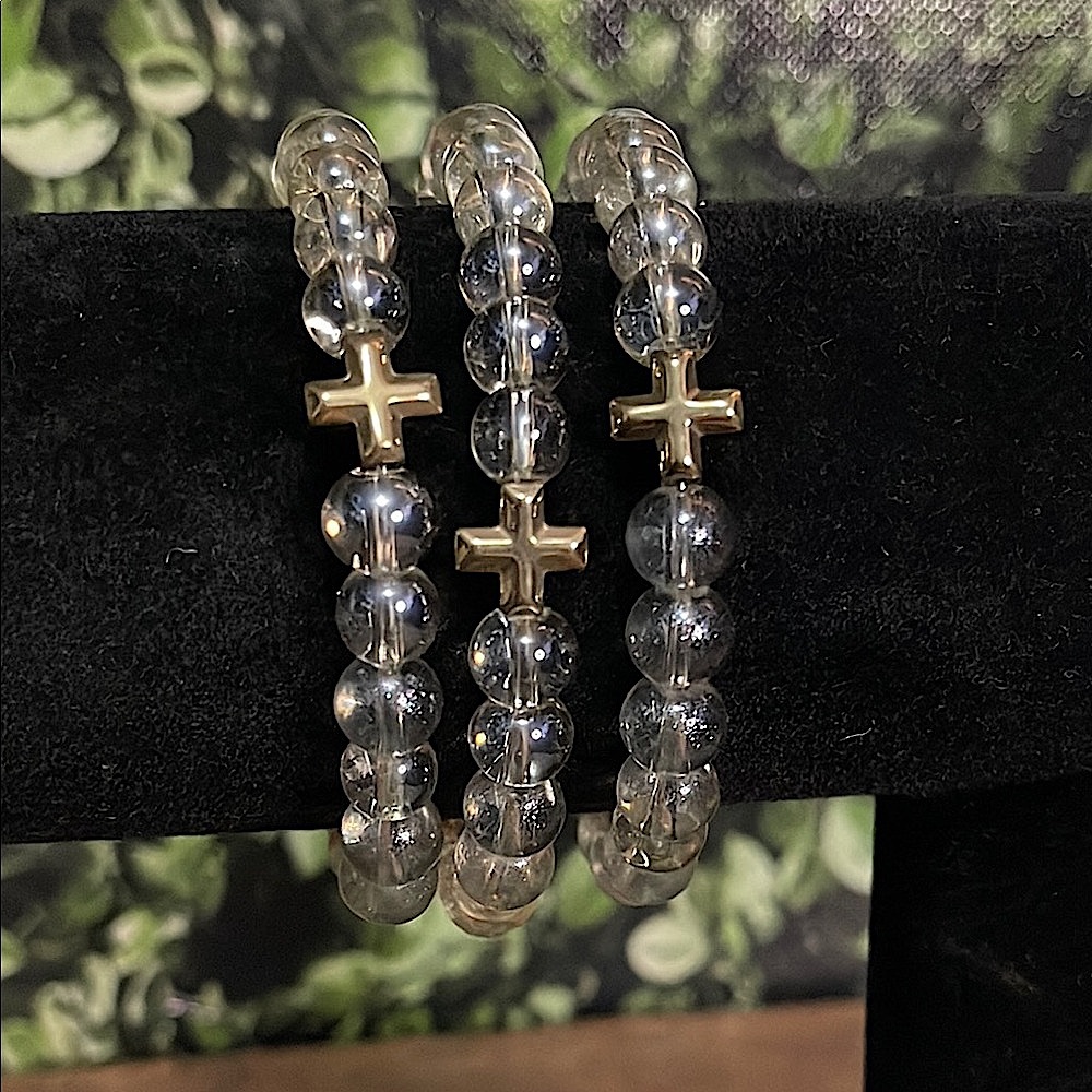 Clear Beaded Bracelets with Gold Cross Charms 2 PC Set